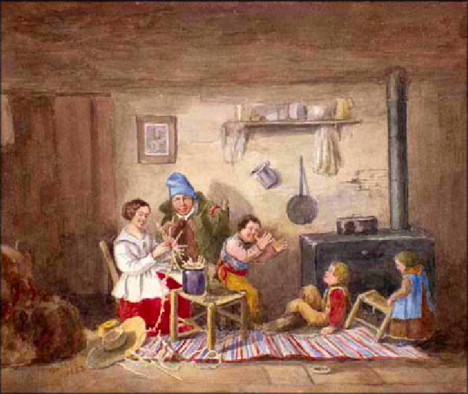 Painting of a family enjoying time around a wood burning stove.