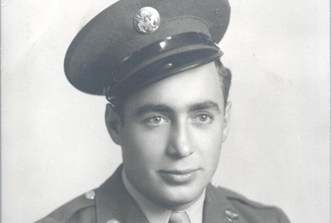 Cover of Dave Poulin's book 'Gus and Guy'. Portrait of his father, Gaston Poulin in his WWII uniform.